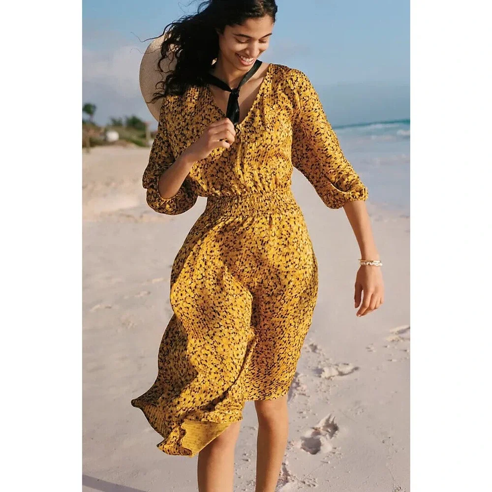 by Anthropologie Marigold Midi Dress Smocked V-Neck Gold Women's Plus Size 3X - Picture 14 of 14